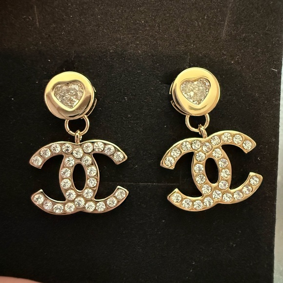 CHANEL Gold and Silver Heart Crystal Earrings - Picture 1 of 5